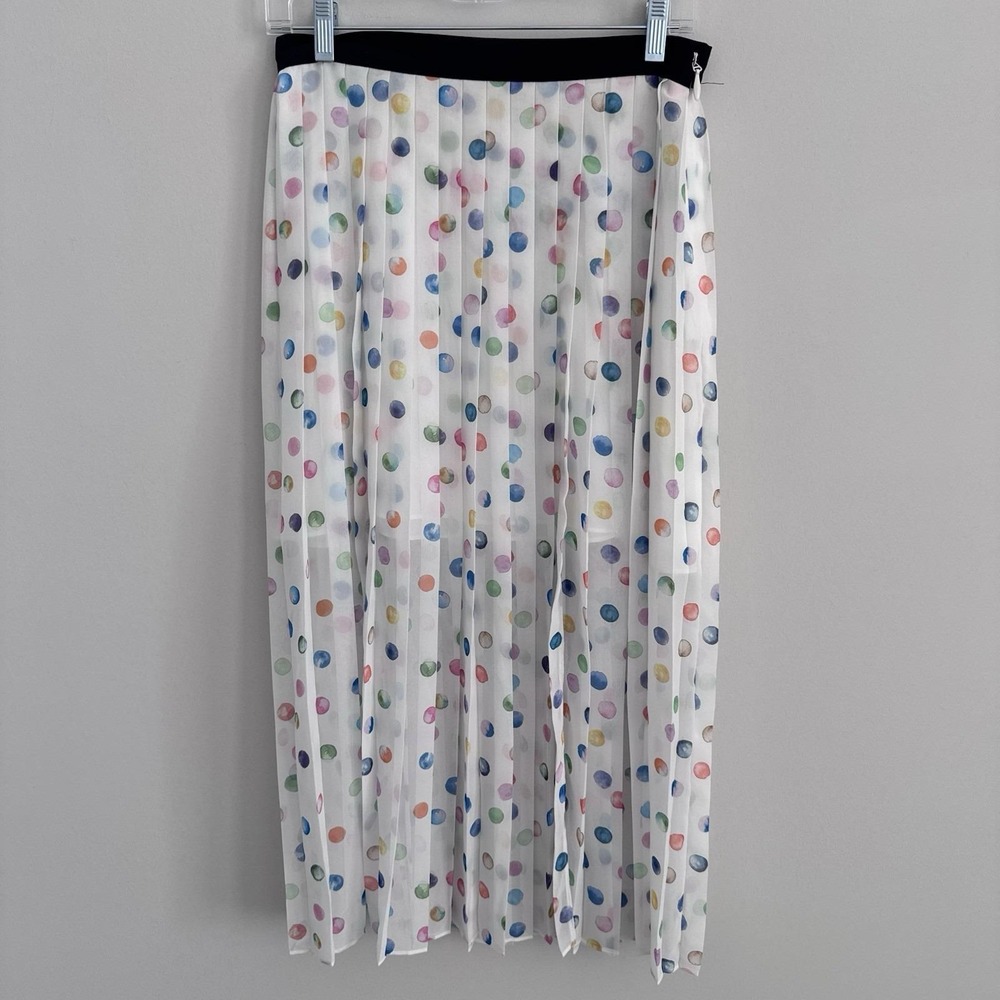 Topshop Pleated Polka Dot Midi Skirt US 6 White Multicolor Sheer NWT